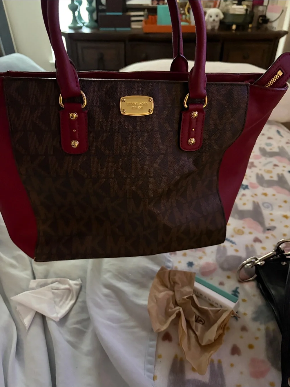 Michael Kors Brown Signature Tote with Red Leather Trim